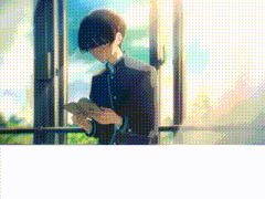 a boy in a school uniform is reading a book while standing in front of a window .