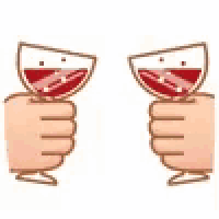 two hands are holding two glasses of red wine and toasting .