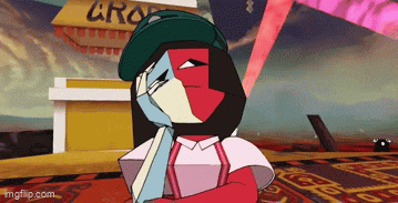 a cartoon character is standing in front of a building .