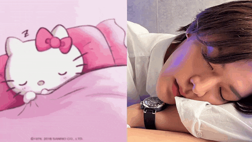a picture of a hello kitty sleeping next to a picture of a man sleeping