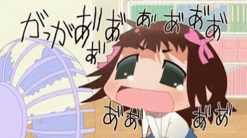 a cartoon of a girl crying while holding a fan with japanese writing behind her