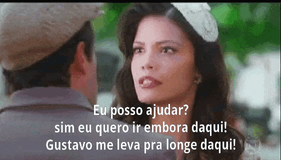 a man and a woman are looking at each other with the words eu posso ajudar