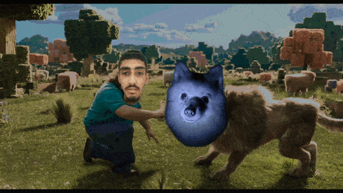a man kneeling down next to a dog with a blue face on it