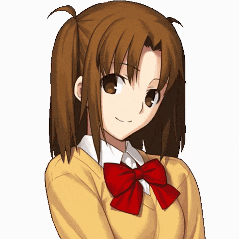 a brown haired anime girl wearing a yellow sweater and a red bow tie