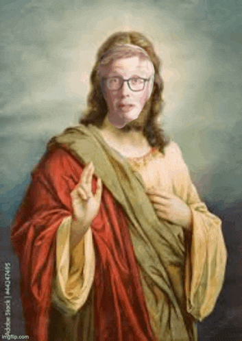 a painting of jesus with glasses and a woman 's face .