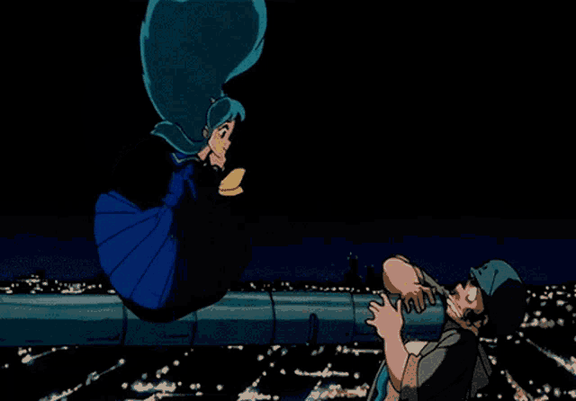 a man and a girl are standing next to each other in a dark scene