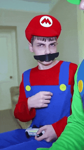 a man in a mario costume has his mouth taped shut
