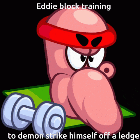 a cartoon worm is wearing a red headband and holding a dumbbell with the caption eddie block training