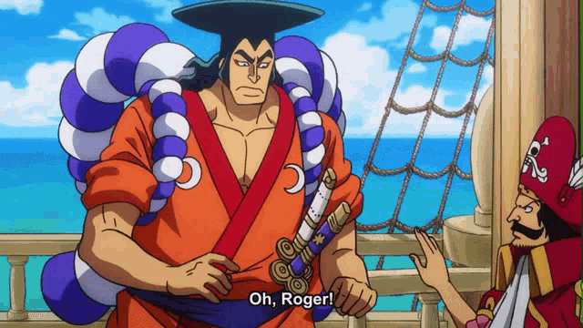 a cartoon character says oh roger in front of a blue ocean