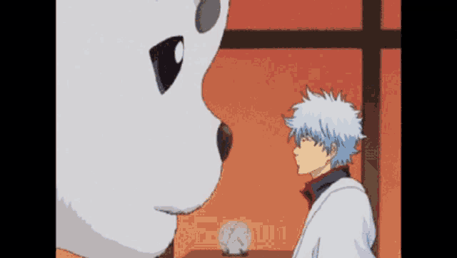 a cartoon of a man standing next to a large white bear