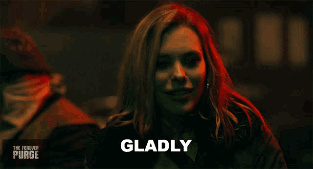 a woman in a dark room with the word gladly on her face