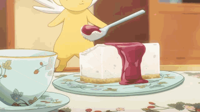 a cartoon character is spreading berry jam on a piece of cheesecake
