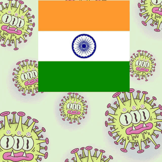 the flag of india is surrounded by a pattern of cartoon viruses