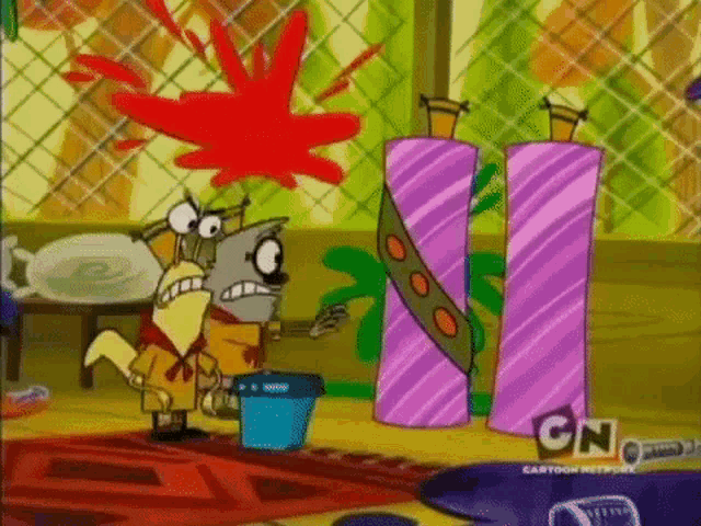 two cartoon characters are standing next to each other in front of a cn logo .