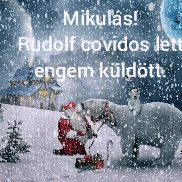 a christmas greeting in a foreign language with a picture of santa and a horse