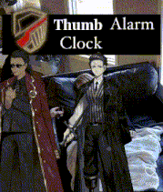 a thumb alarm clock with a picture of two men