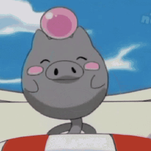 a cartoon pig with a bubble on its head is sitting on a life preserver .