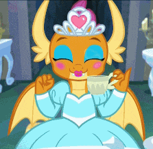 a cartoon dragon wearing a tiara and a blue dress drinking a cup of tea