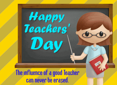 a teacher is standing in front of a blackboard with the words happy teachers day