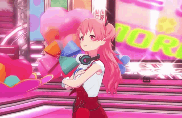 a girl with pink hair is standing in front of a sign that says " tori "