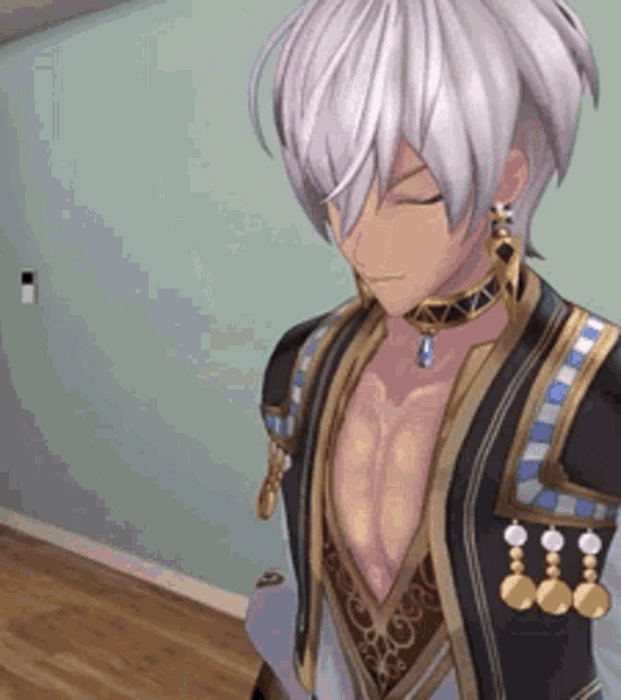 a man with a choker and earrings is standing in a room with his eyes closed