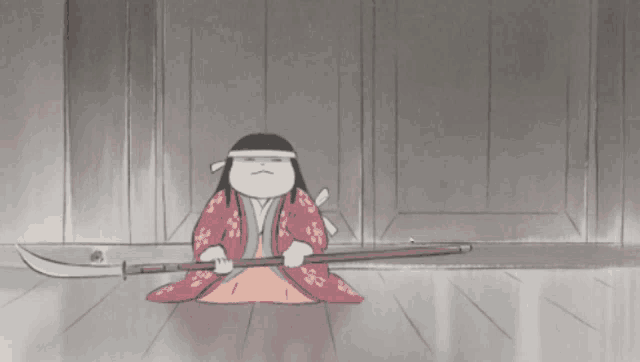 a cartoon of a woman sitting on the floor with a knife