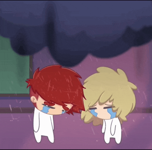 two cartoon characters standing next to each other with one crying