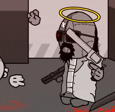 a cartoon character with a beard holding a gun