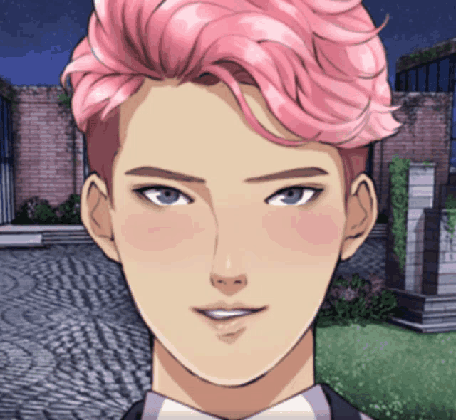 a close up of a man 's face with pink hair and blue eyes