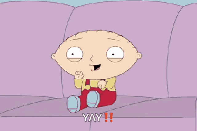 a cartoon character is sitting on a couch and saying yay !