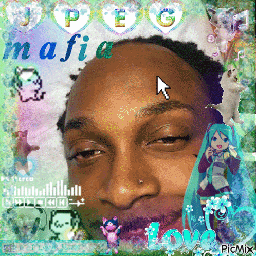 a picture of a man with a mouse pointer on his forehead and the words love on the bottom left