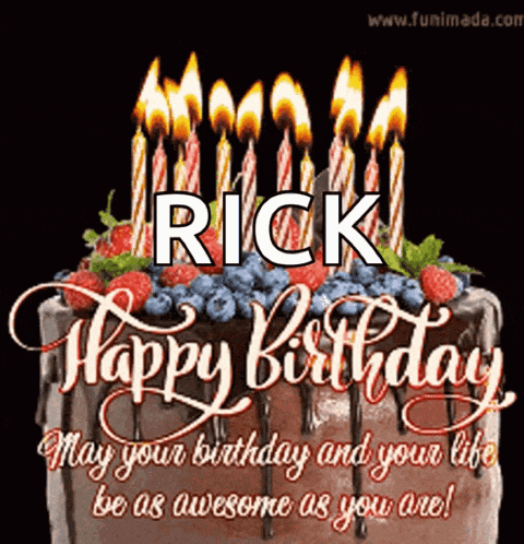 a birthday cake with candles and the name rick