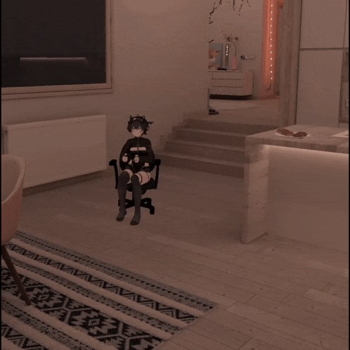 a girl in a cat costume is sitting on a rug in a room