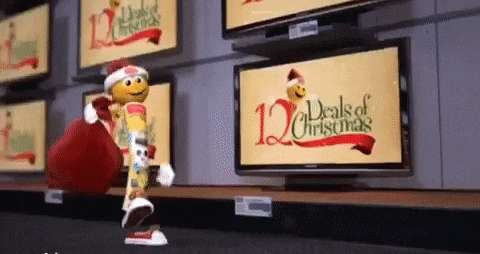 a cartoon character is standing in front of a sign that says " 12 deals of christmas "
