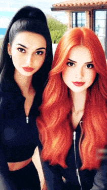 two women with long red hair are posing for a picture together