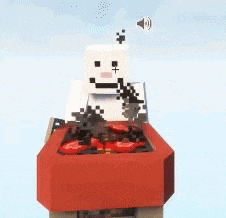 a minecraft character is sitting on top of a red box holding a sword .