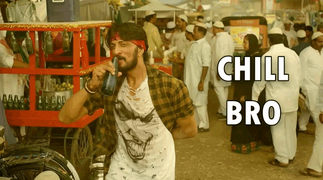 a man with a bandana on his head is drinking from a bottle with the words chill bro above him