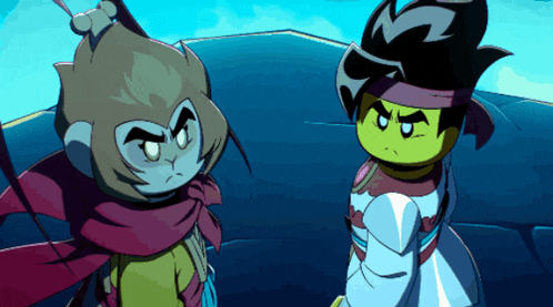 two cartoon characters are standing next to each other and one has a red scarf around his neck
