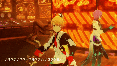 two anime characters are dancing in front of a screen that says " opera " on it