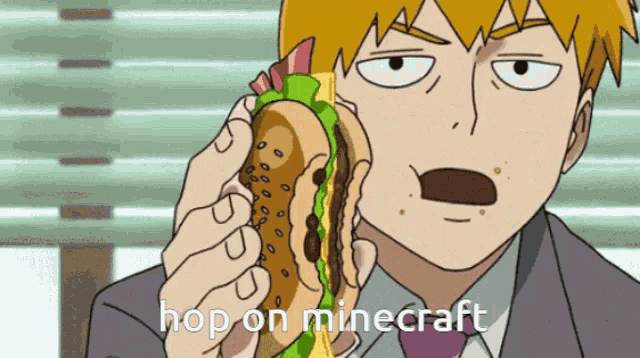 a cartoon of a man eating a sandwich with the words hop on minecraft written below him
