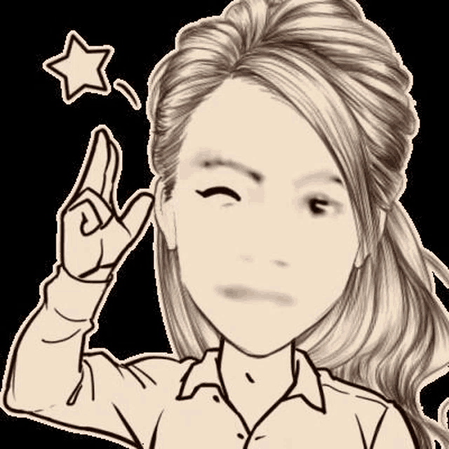 a black and white drawing of a woman making a peace sign with her fingers .