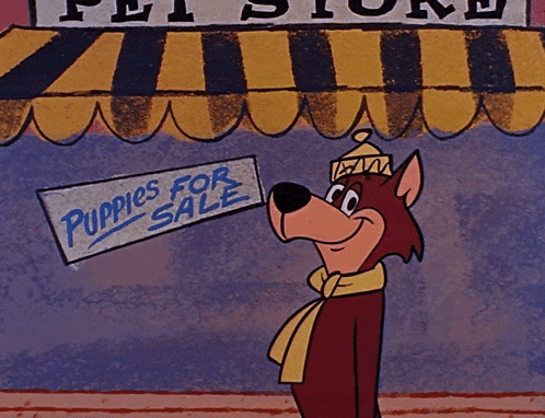 a dog is holding a sign that says puppies for sale