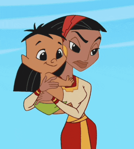 a cartoon of a woman holding a little boy
