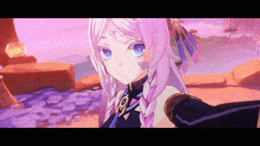 a girl with purple hair and blue eyes is wearing a feathered hat