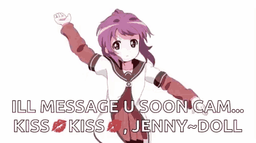 a girl with purple hair is hugging another girl with the words " ill message u soon cam kiss kiss jenny doll "
