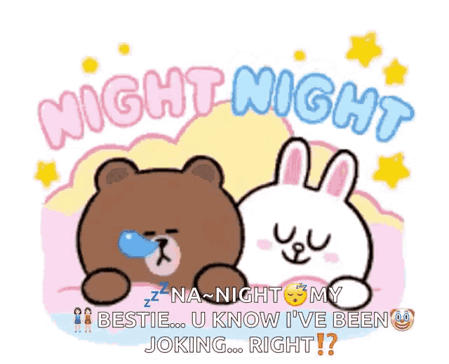 a brown bear and a white rabbit laying next to each other with the words night night written above them