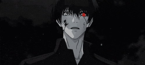 a black and white drawing of a man with red eyes .