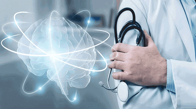 a doctor is holding a stethoscope and a drawing of a brain coming out of it