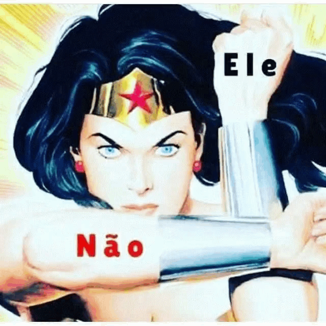a cartoon of wonder woman holding a sword with the word ele written on her hand