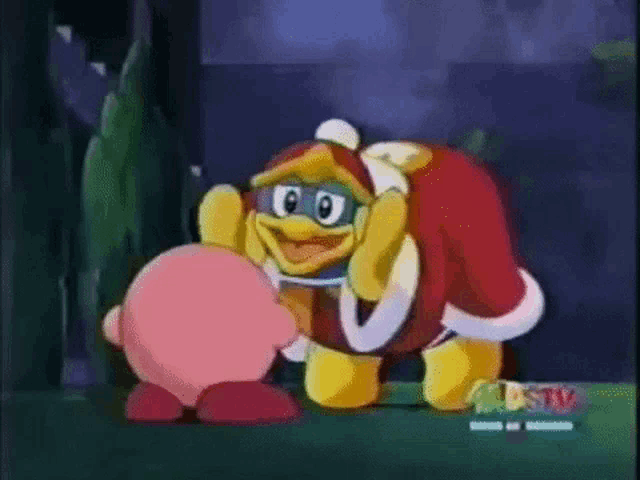 a cartoon character is hugging another cartoon character in a video game .